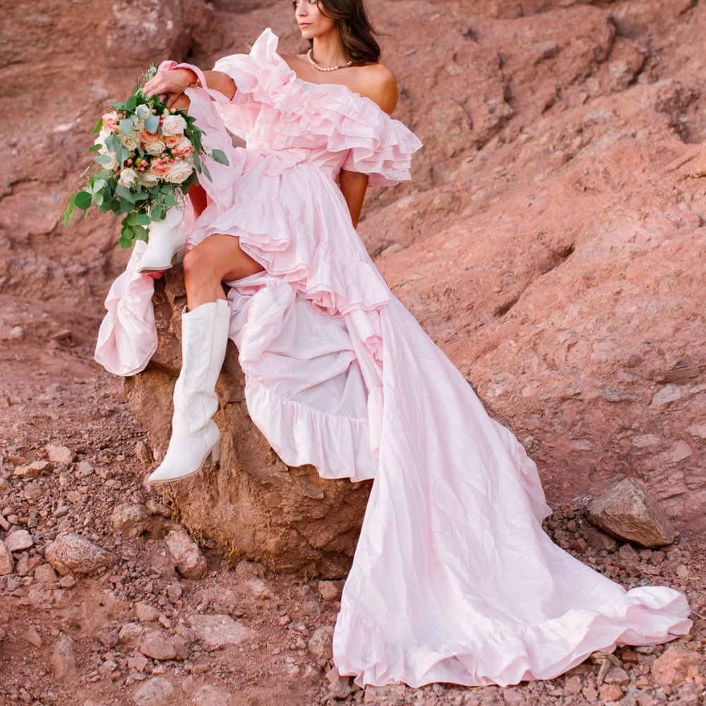 Custom pink high low off shoulder ruffle wedding gown